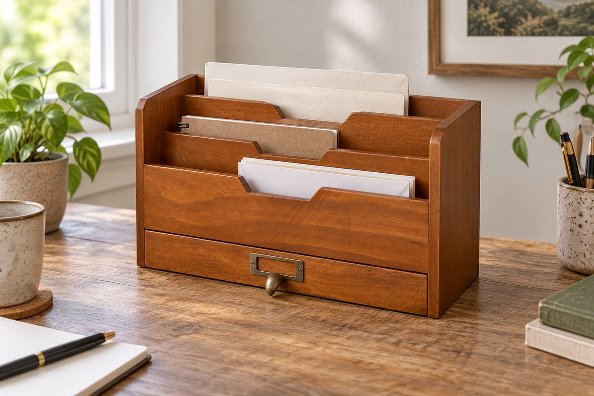 PostNest — three letter slots holding envelopes and notebooks