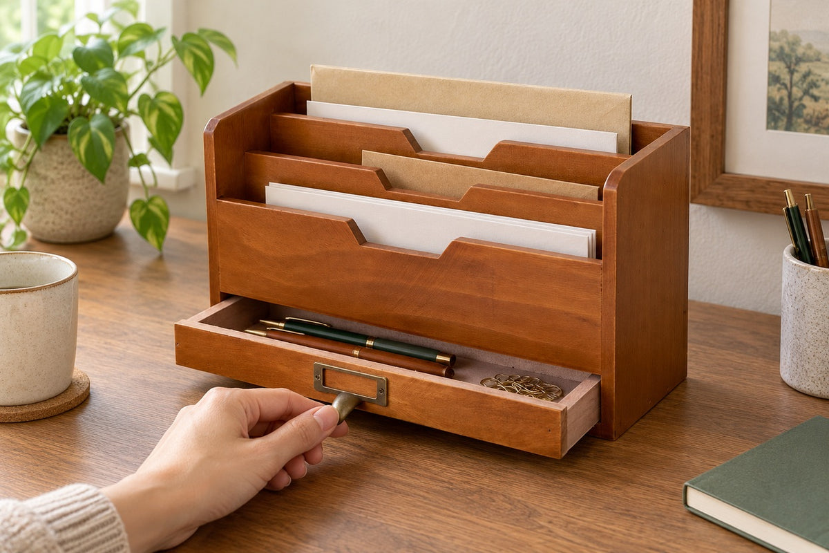 PostNest — opening the lower drawer containing pens and paper clips