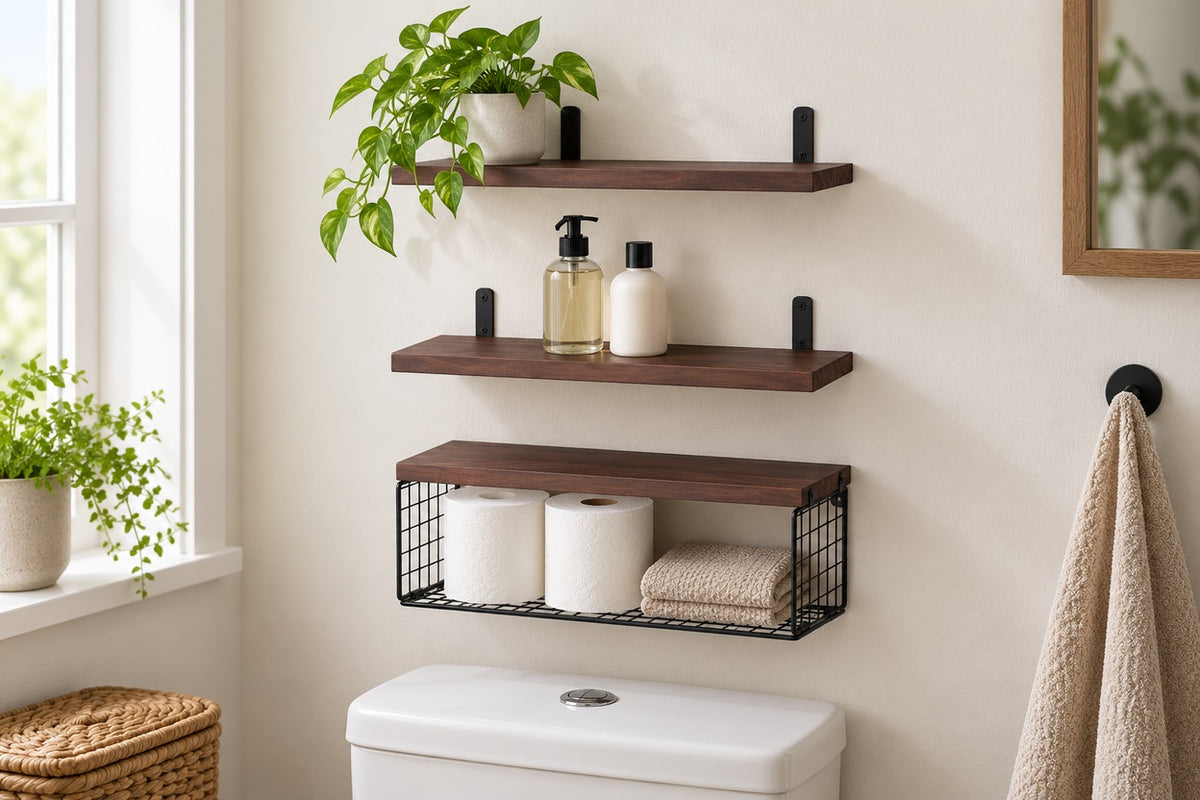 RailGrove — three dark wood shelves with black wire basket above a toilet