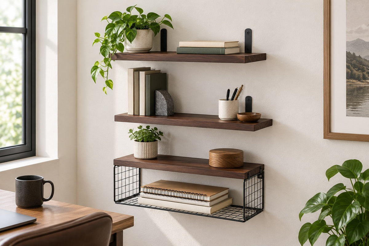 RailGrove — three shelves and basket holding books and notebooks in a home office