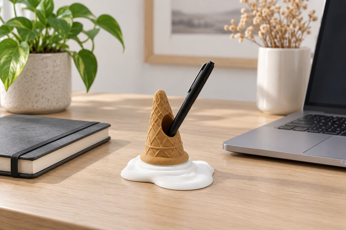 ScoopRest — white melting-cone holder with one pen
