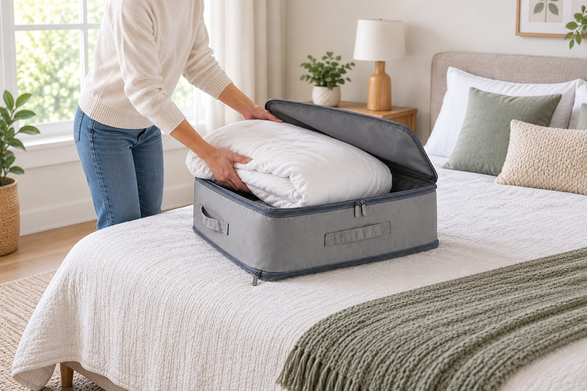 SoftFold — placing folded bedding inside the gray storage bag
