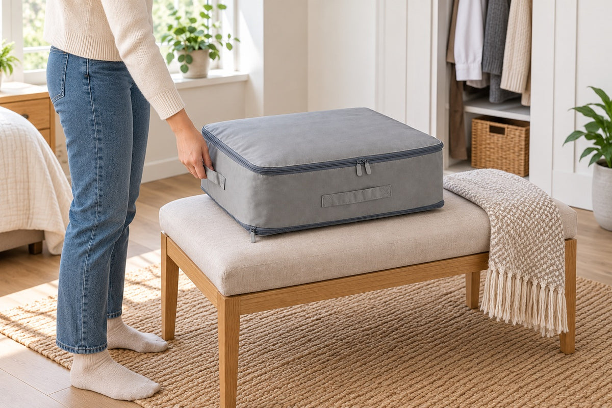 SoftFold — holding the gray bag by its sewn handle