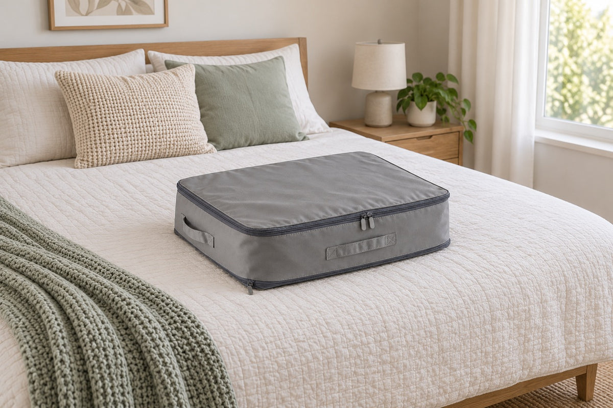 SoftFold — compressed gray storage bag on a bed