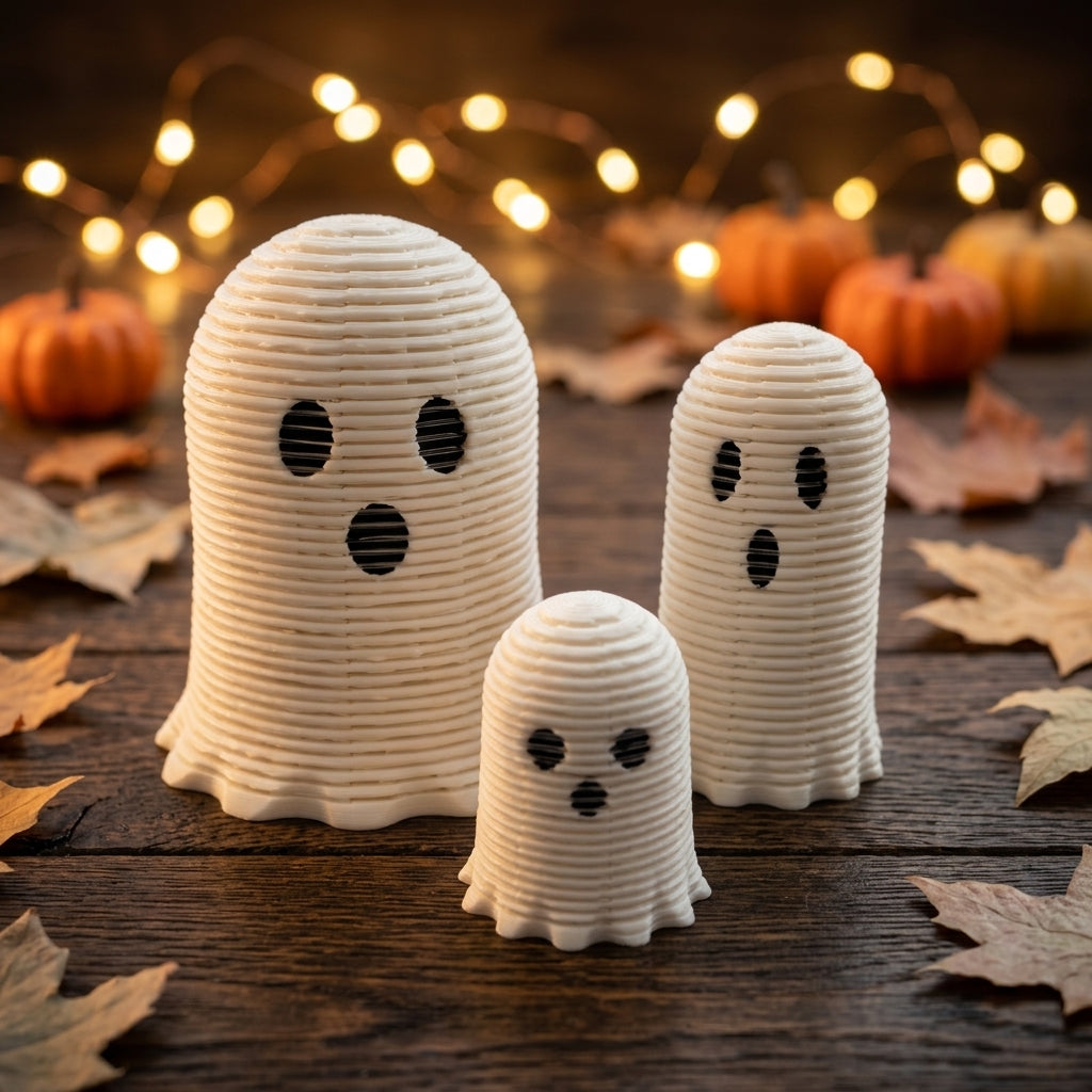 Autumn tabletop setting with three unlit BooBounce ghosts; pumpkins, leaves and background string lights are styling props