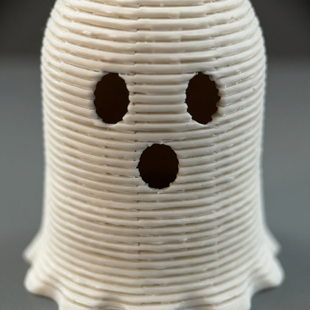 Close-up of one BooBounce ghost ribbed printed surface and dark face openings
