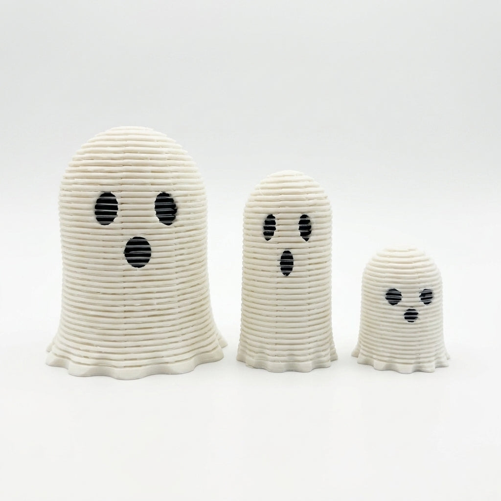 Front view of all three unlit white ribbed BooBounce ghost ornaments in a row