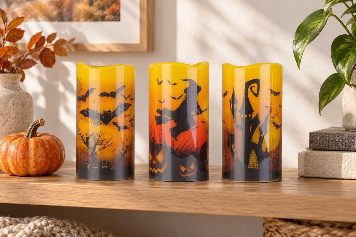 BooLume witch, bat and castle candle trio on a living-room shelf.