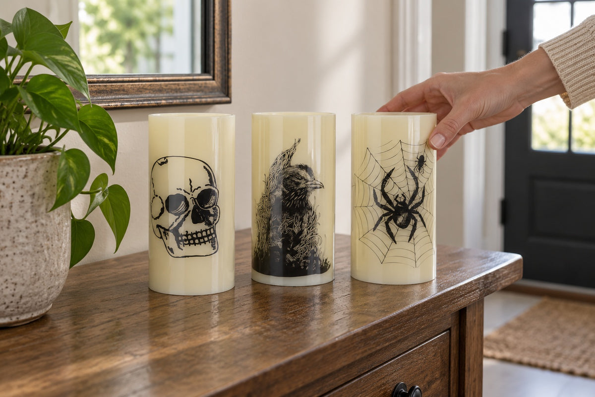 An adult arranging the BooLume skull, raven and spider candle trio.