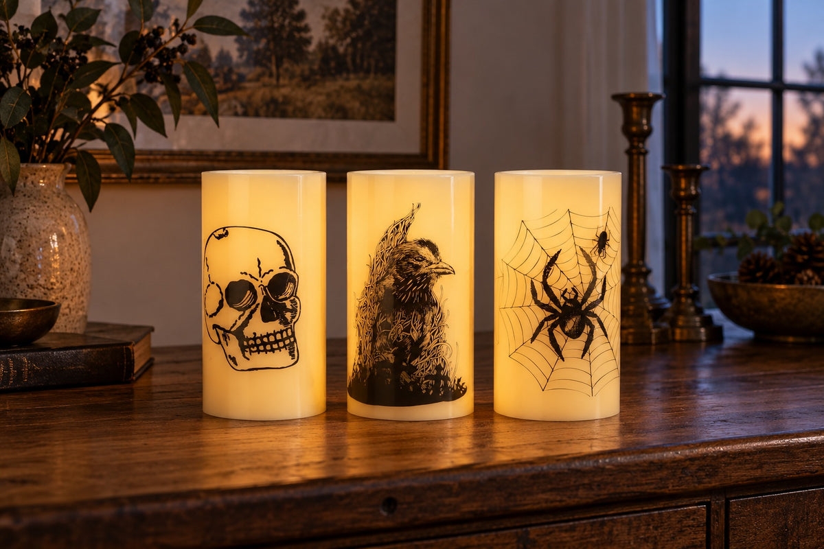 BooLume candle trio glowing on a sideboard at dusk.