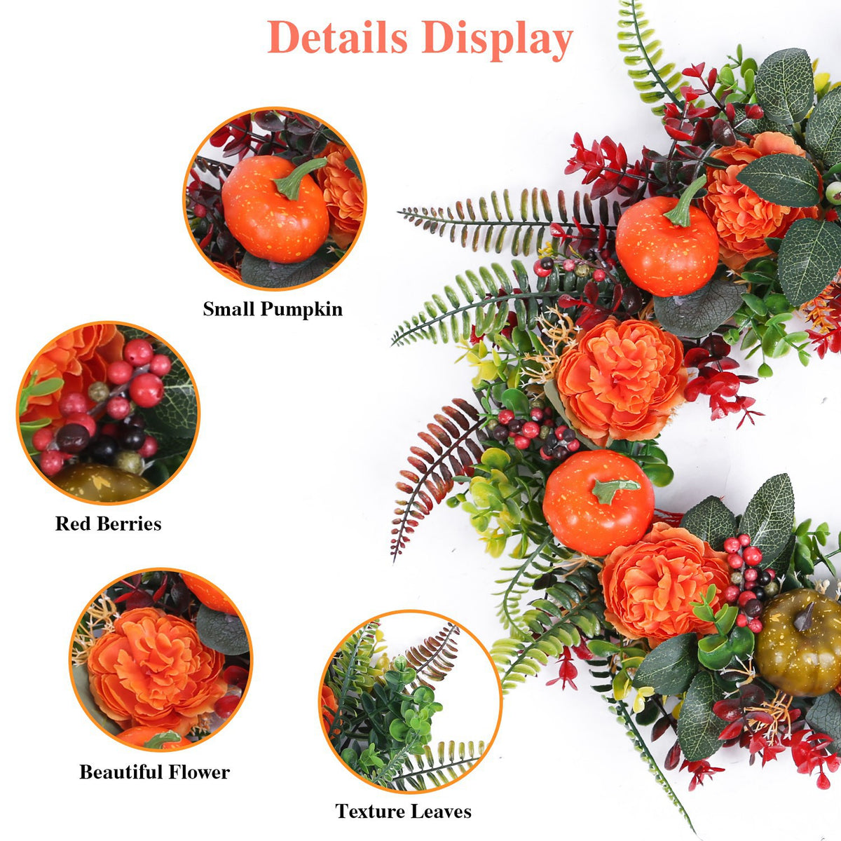 Detail graphic showing EmberLeaf artificial pumpkin surface, berries, layered flowers and veined leaf texture