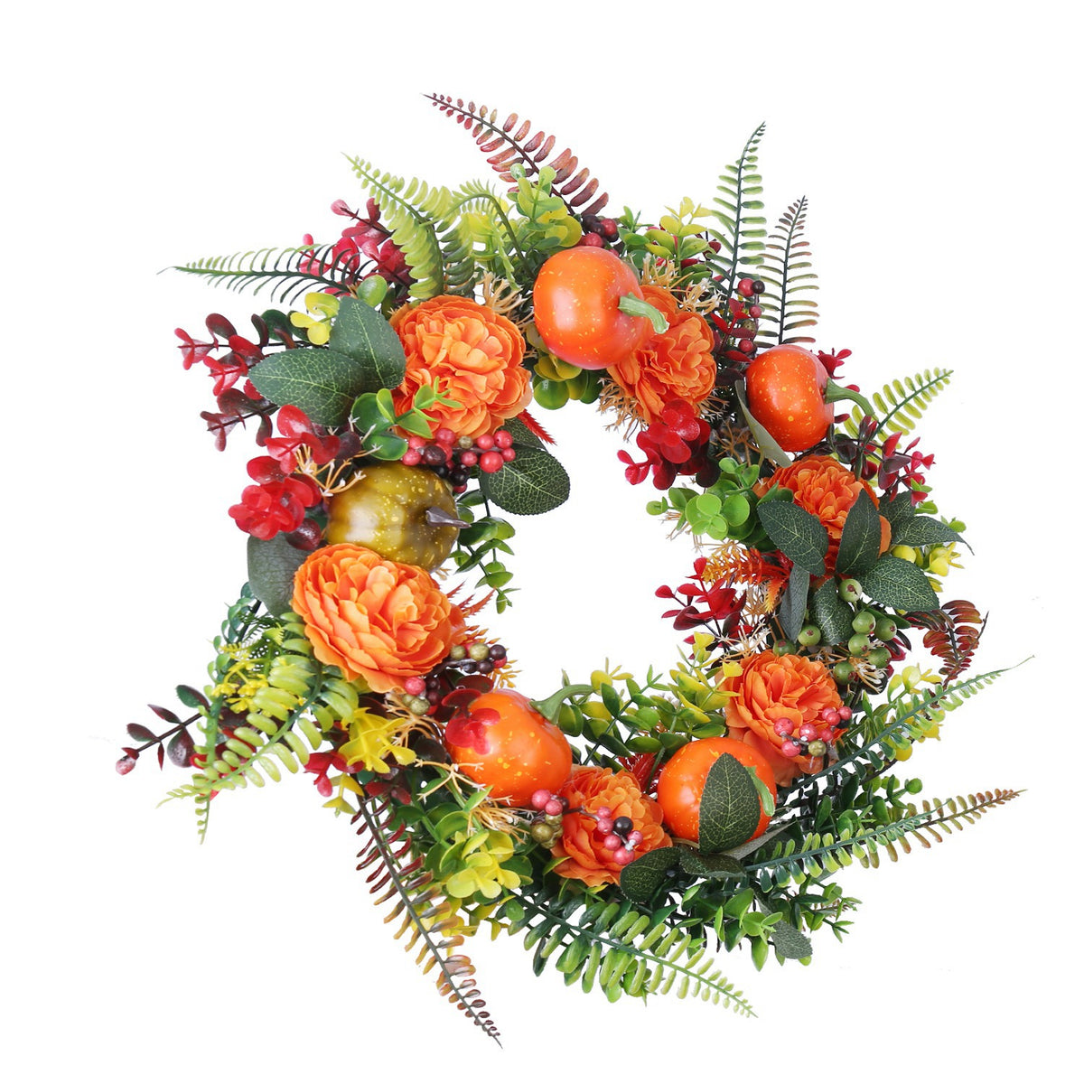 Oblique view showing the depth of EmberLeaf artificial flowers, pumpkins and foliage