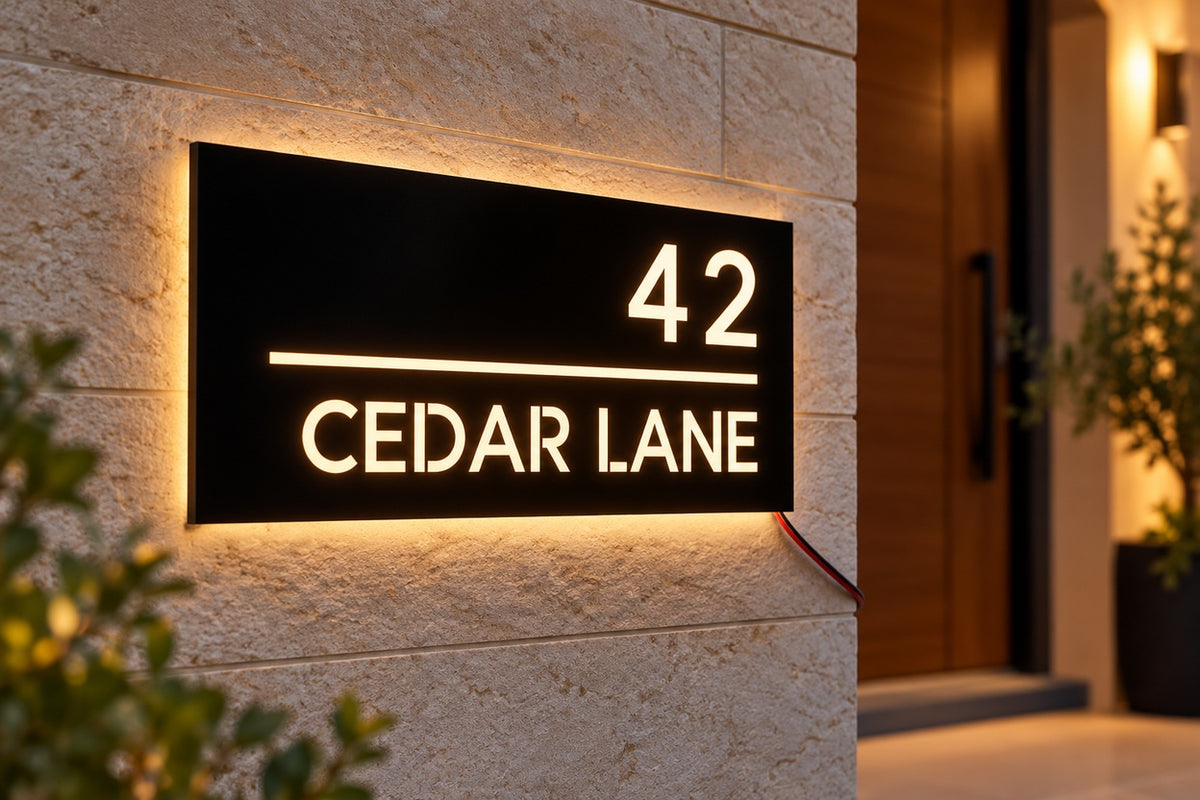 PortGlow address sign — 42 Cedar Lane, angled close-up on limestone; AI-assisted illustrative address, source-reference based