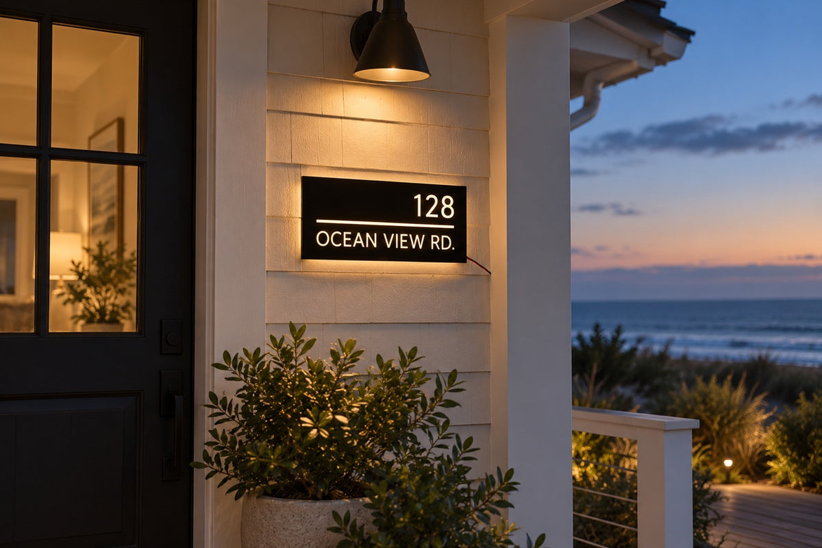PortGlow address sign — 128 Ocean View Rd., wide coastal entry at dusk; AI-assisted illustrative address, source-reference based