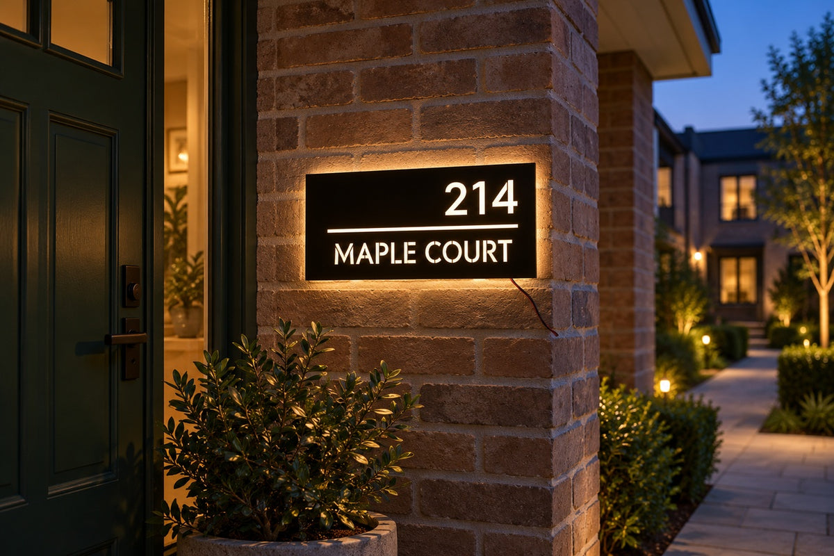 PortGlow address sign — 214 Maple Court, brick-townhouse entry; AI-assisted illustrative address, source-reference based