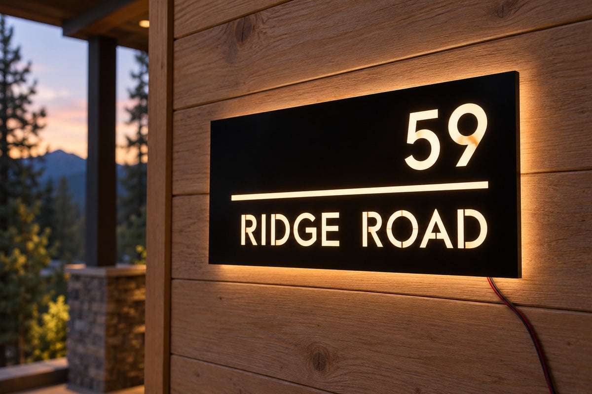 PortGlow address sign — 59 Ridge Road, close side view on timber; AI-assisted illustrative address, source-reference based