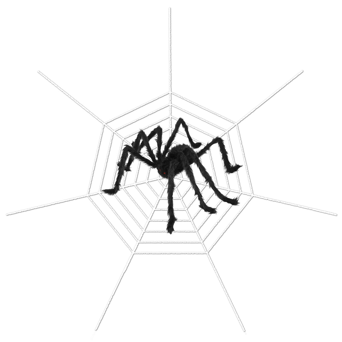 Alternate view of the black SpiderSpan spider with legs posed above the full white web