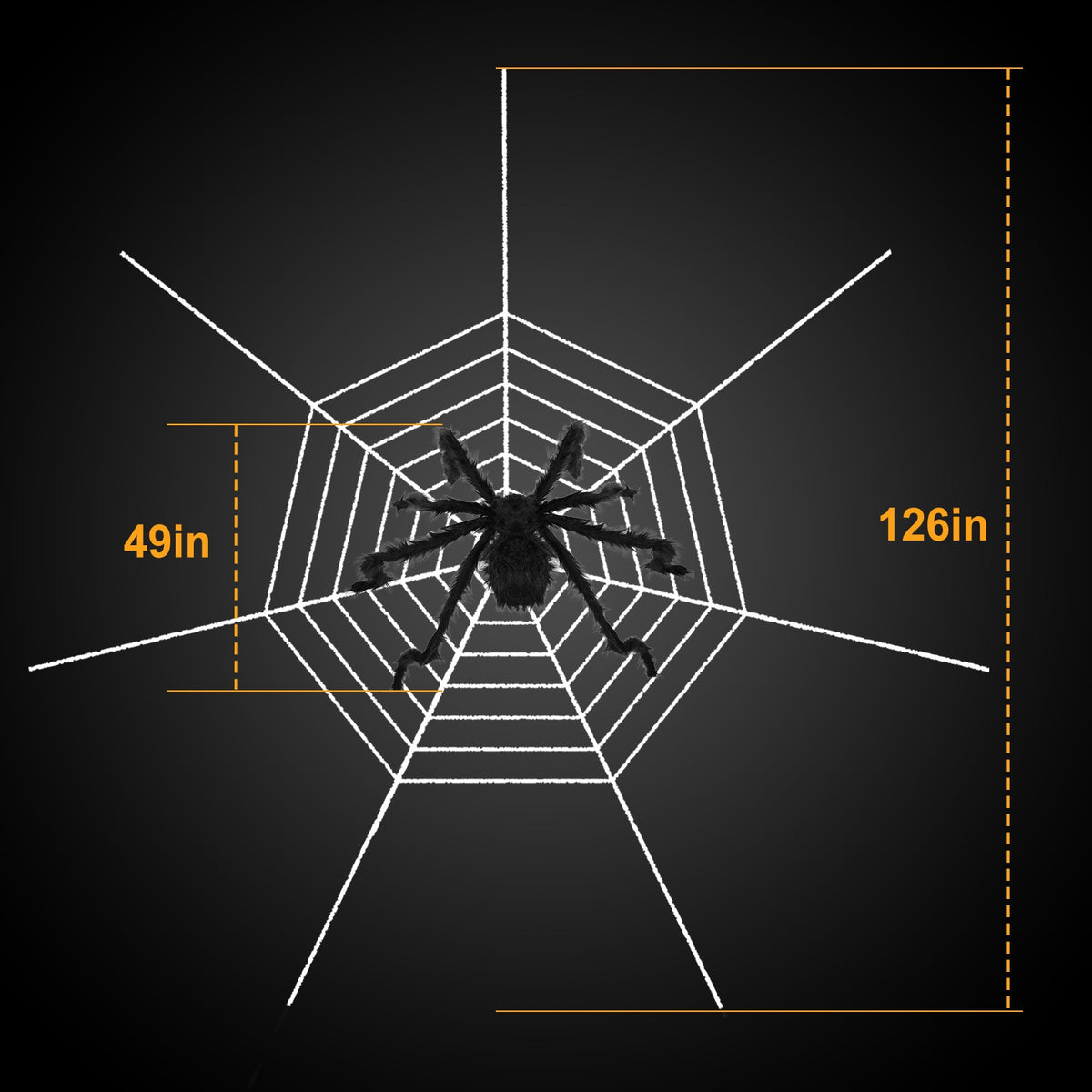 Dimension diagram showing a 49-inch SpiderSpan spider and 126-inch white web
