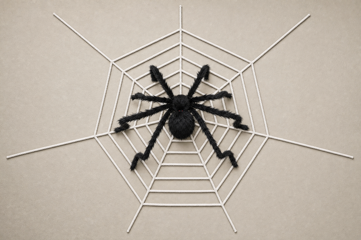 Wide secondary view of the black eight-legged SpiderSpan spider and full white cord web on a neutral wall.