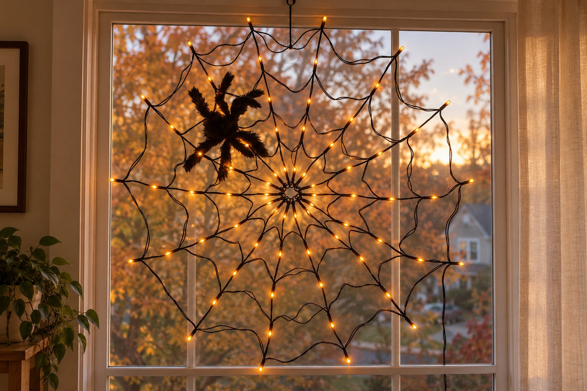 WebGlow light hanging across a window in an autumn home.