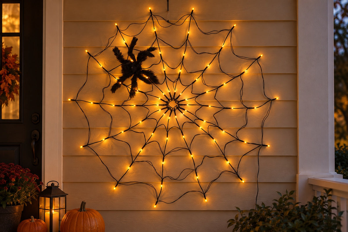 WebGlow warm orange LEDs on a dry covered porch wall.