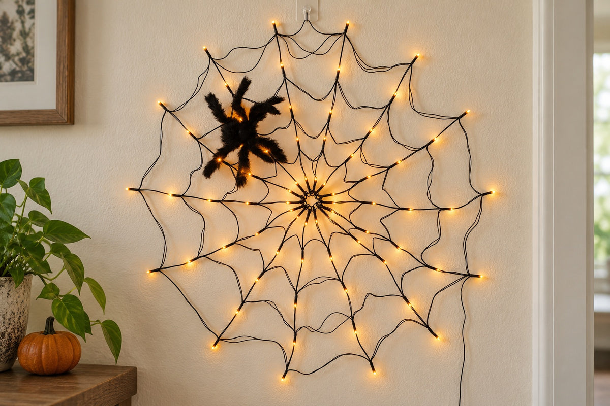 WebGlow black wire web and spider against a neutral wall.